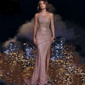 Elegant Rose Gold One-Shoulder Sequin Evening Gown with High Slit