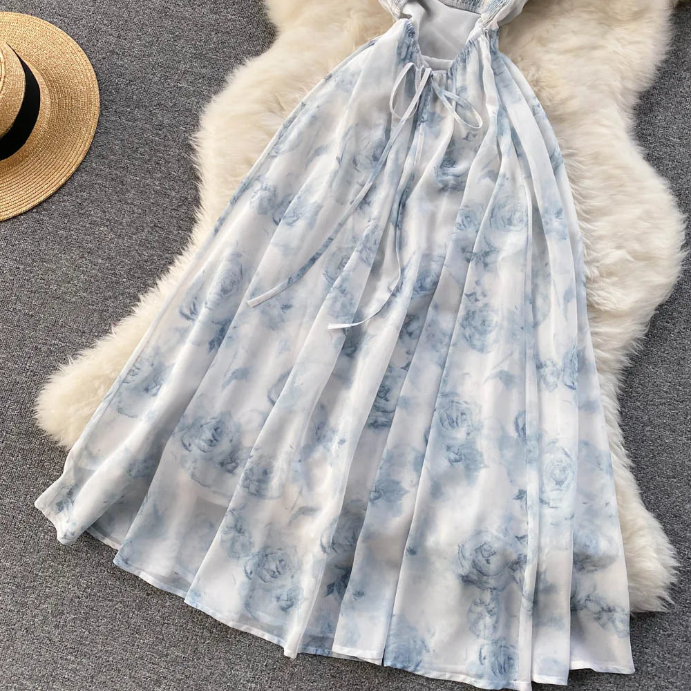 Elegant Floral Chiffon Midi Dress