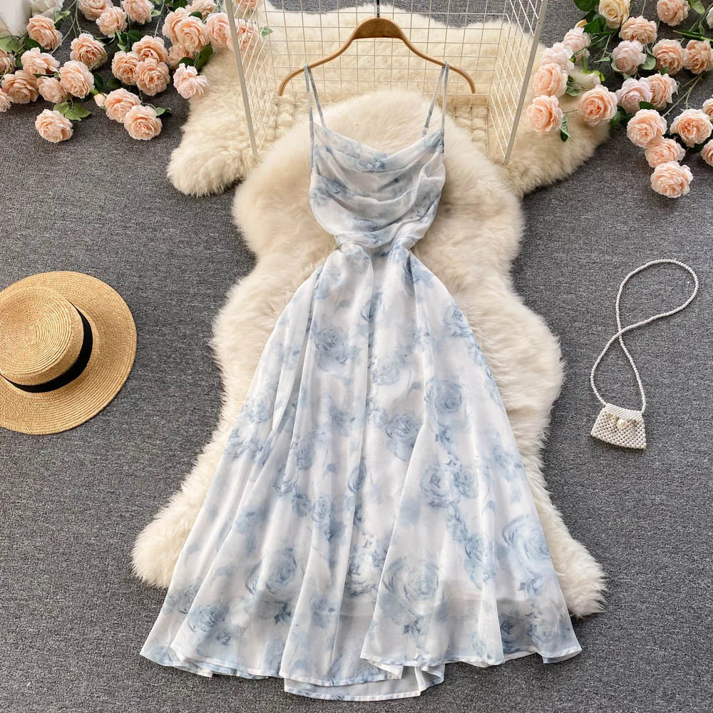 Elegant Floral Chiffon Midi Dress
