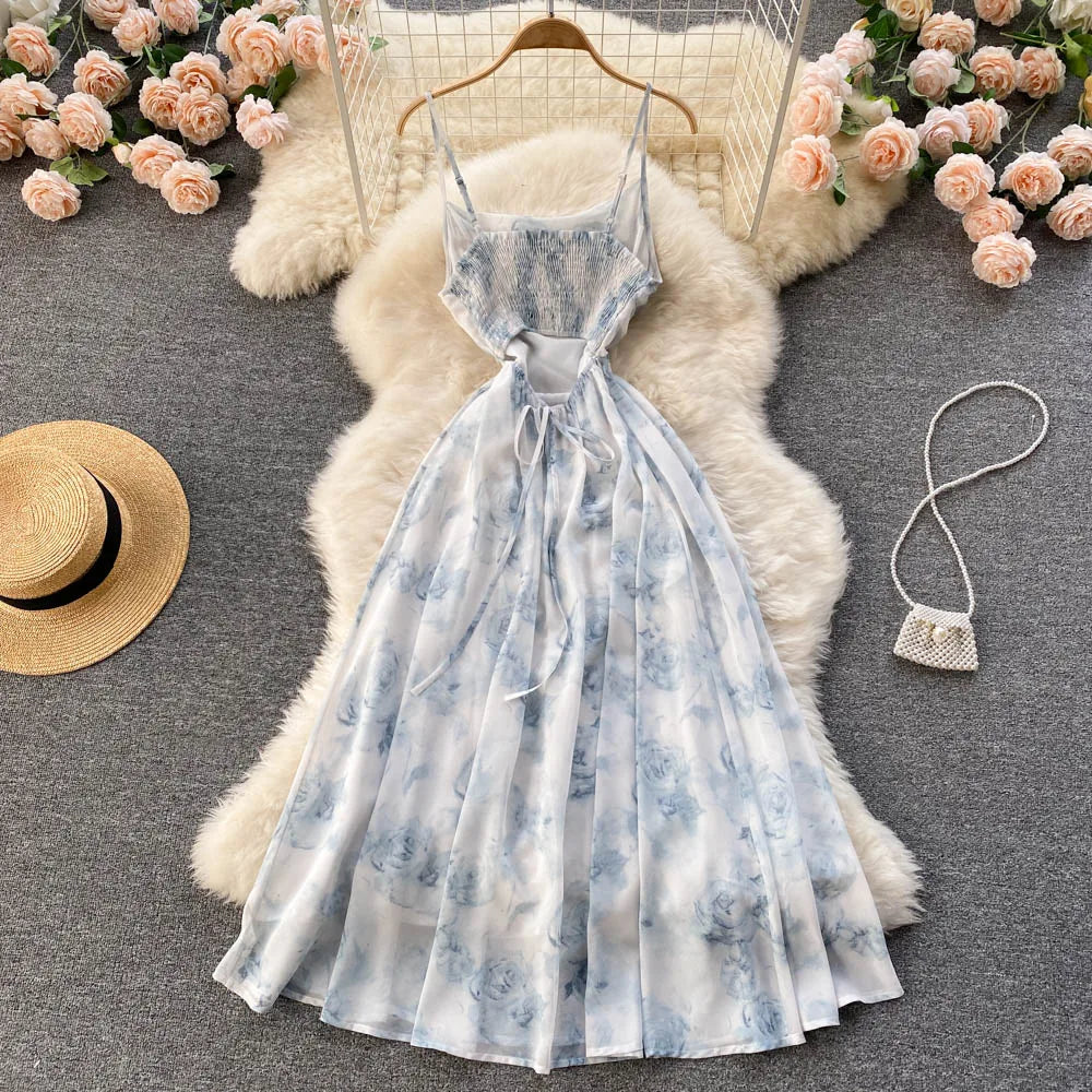 Elegant Floral Chiffon Midi Dress