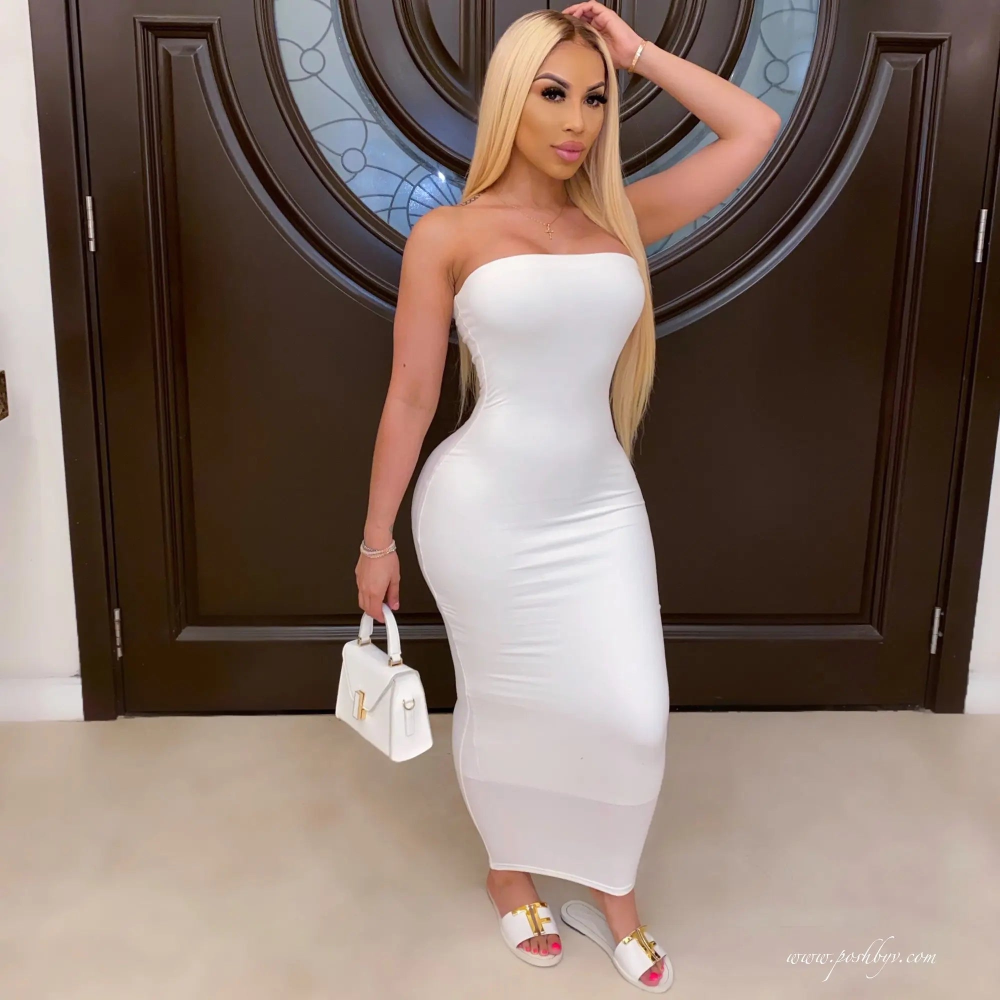 Elegant Strapless Bodycon Midi Dress