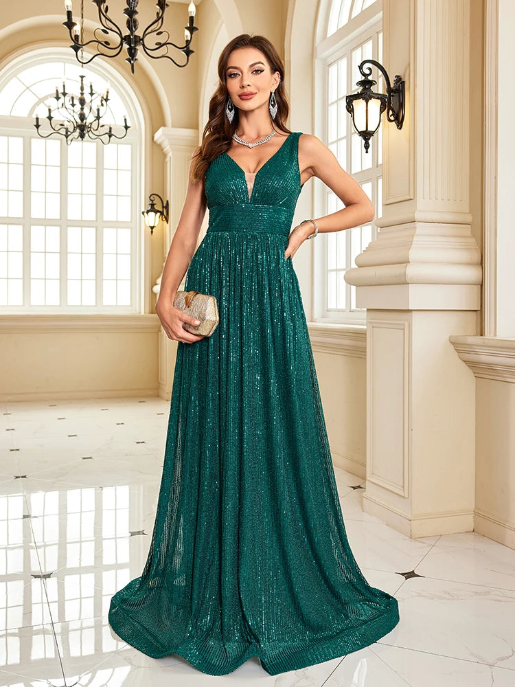 Women's Elegant Deep V-Neck Sparkly Maxi Evening Dress
