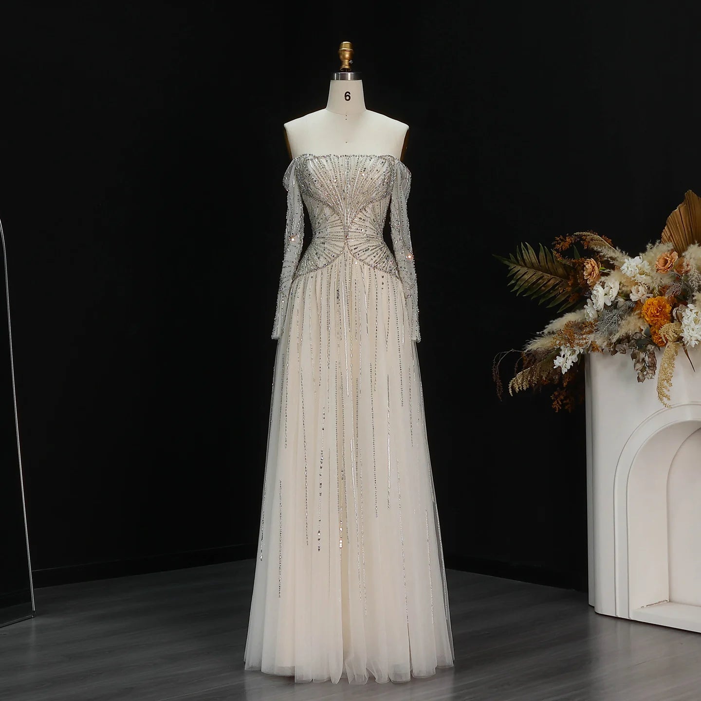 Elegant Off Shoulder Beaded A-Line Evening Gown – Long Sleeve Formal Dress