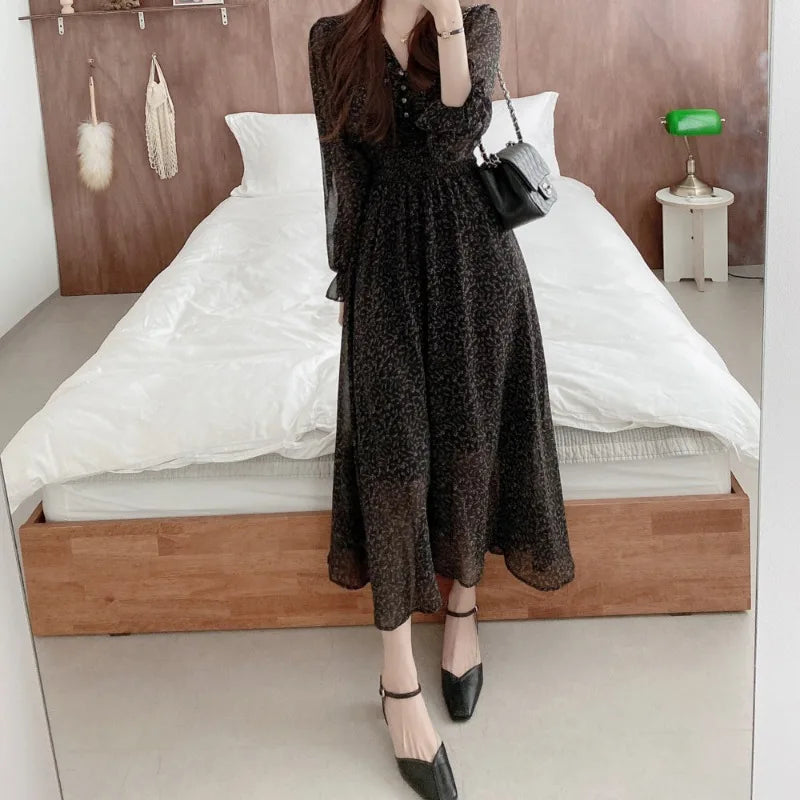 Elegant Floral Long Sleeve Maxi Dress – Korean Style