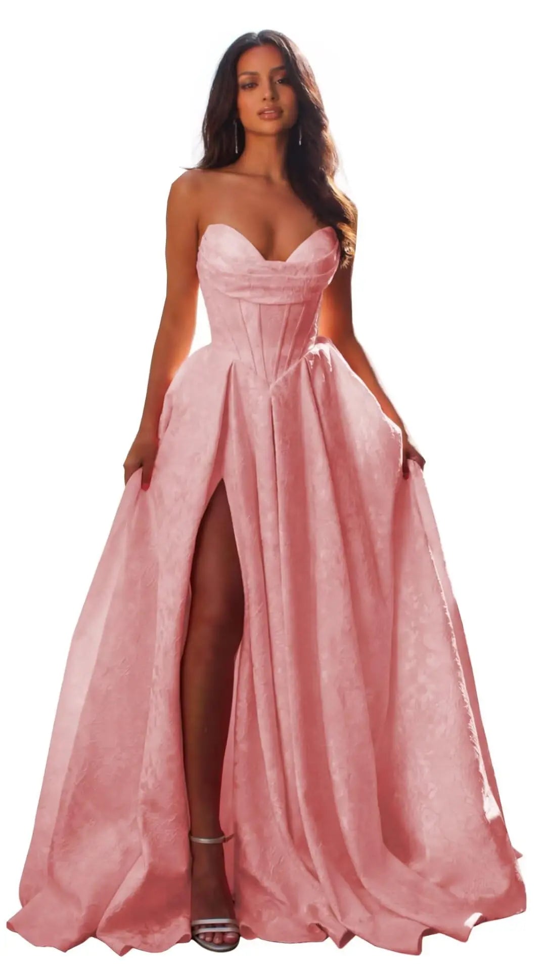 Elegant Blush Pink Satin Ball Gown with Sweetheart Neckline & High Slit