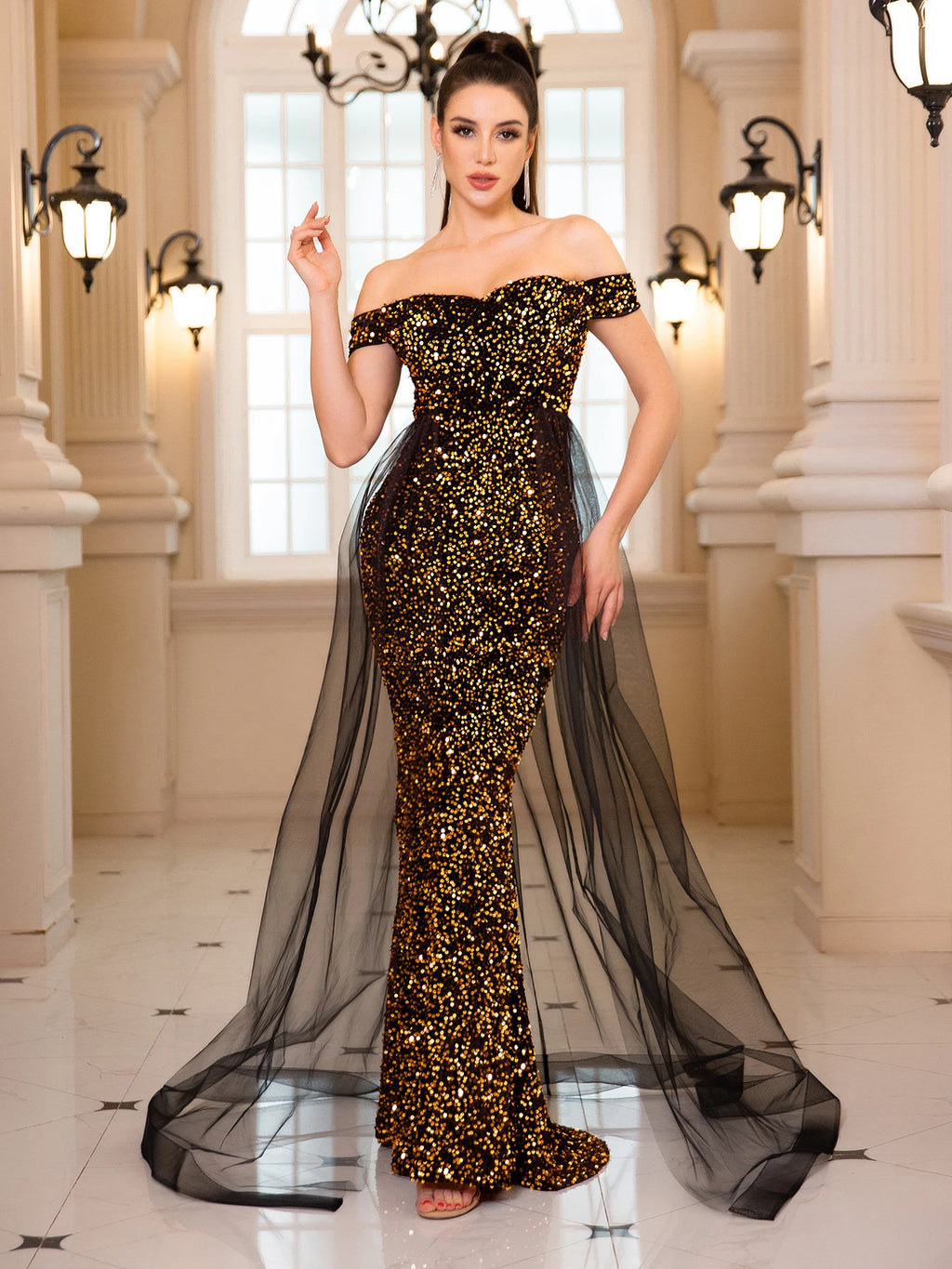 Luxury Off-Shoulder Sequin Evening Gown