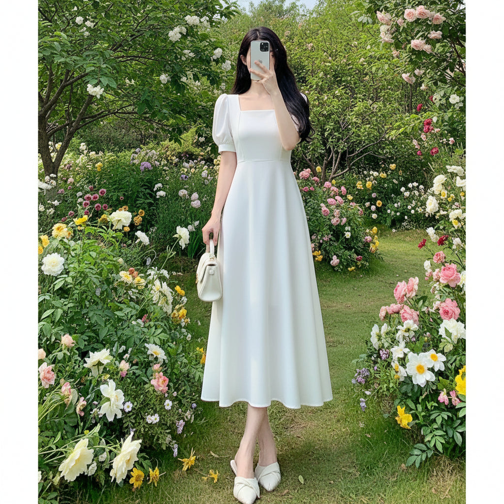 Elegant Square Neck Puff Sleeve Maxi Dress for Women