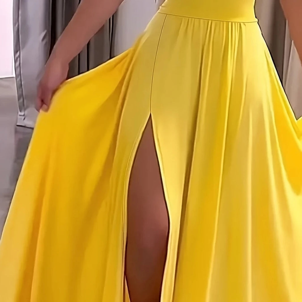Elegant Yellow Slit Maxi Party Dress