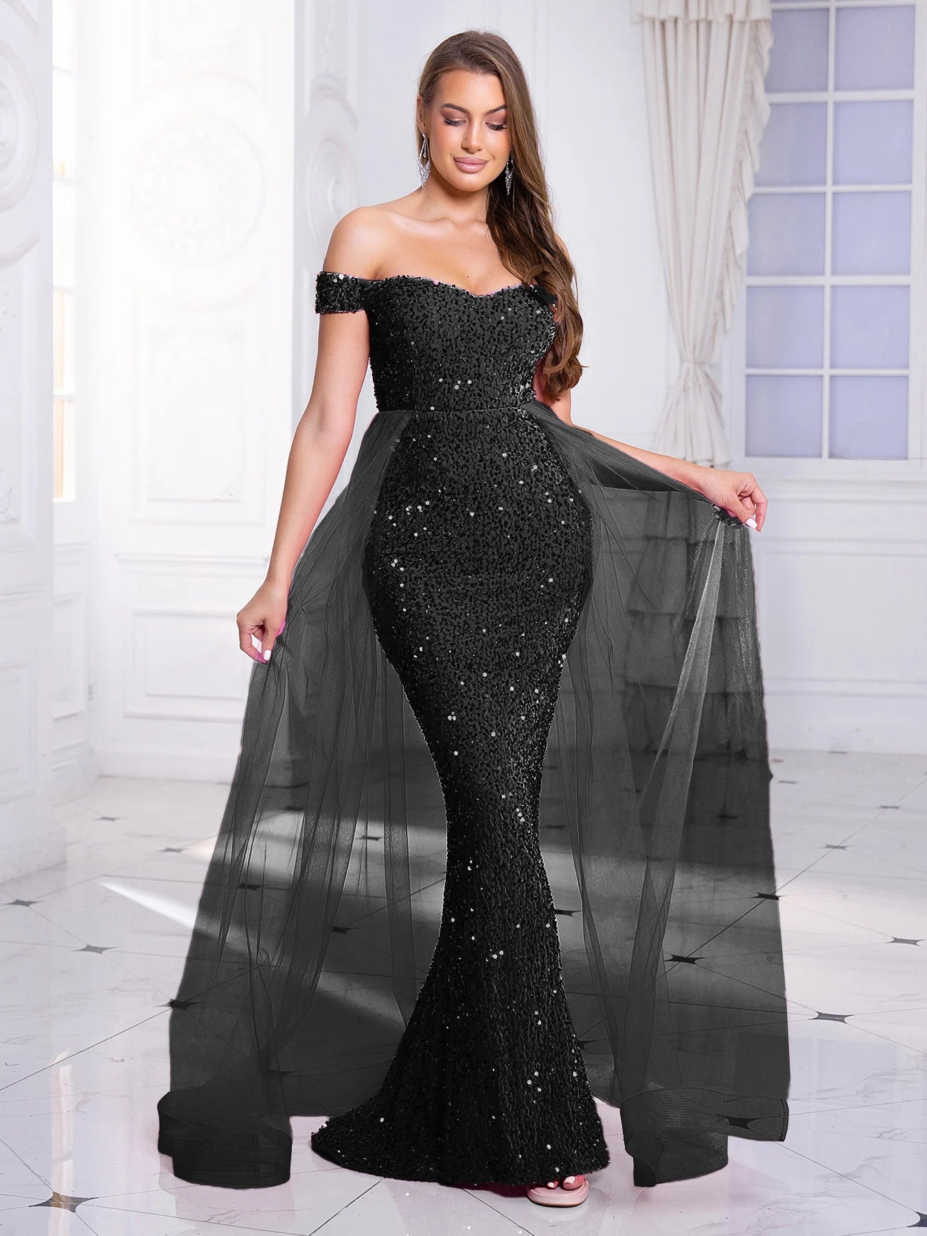 Luxury Off-Shoulder Sequin Evening Gown
