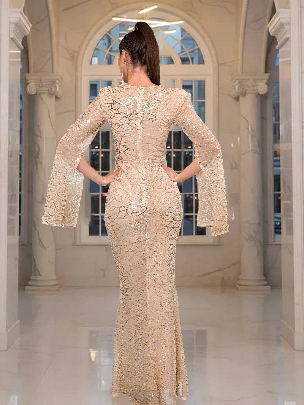 Luxury Sequin Bell Sleeve Evening Gown