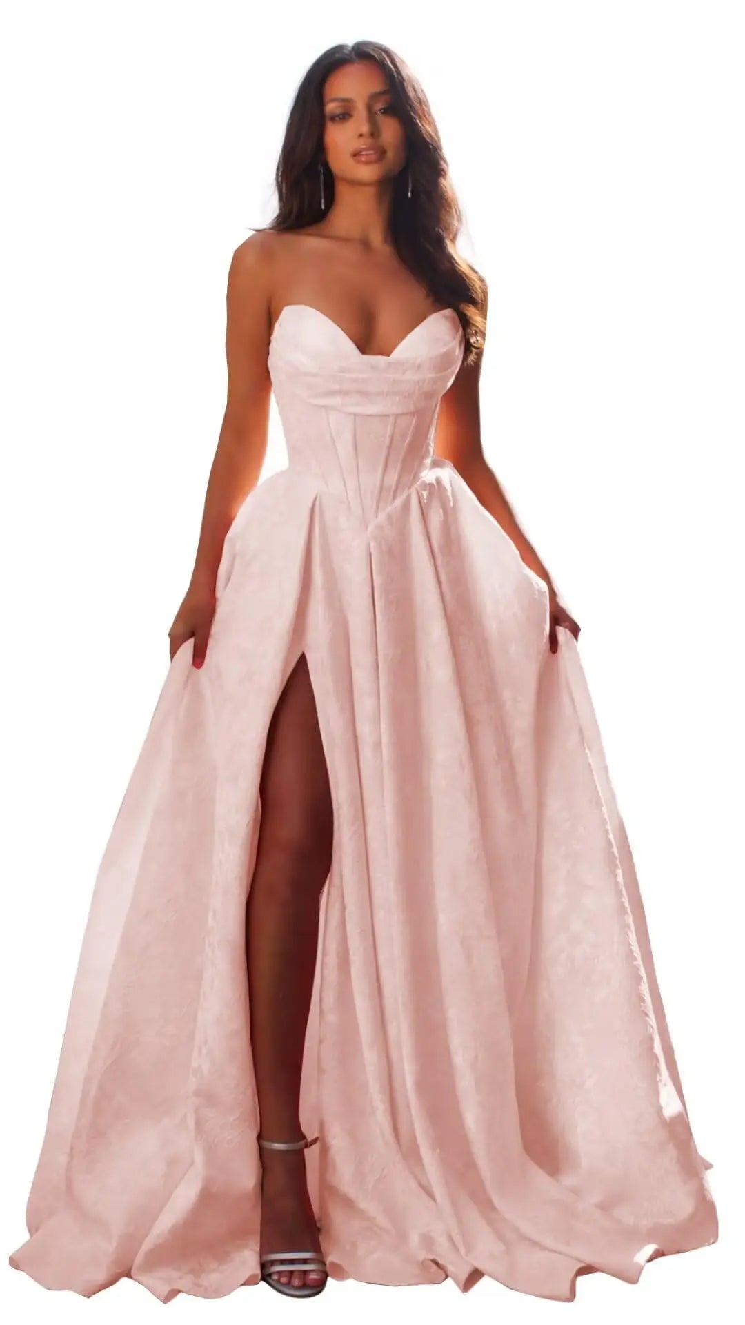 Elegant Blush Pink Satin Ball Gown with Sweetheart Neckline & High Slit