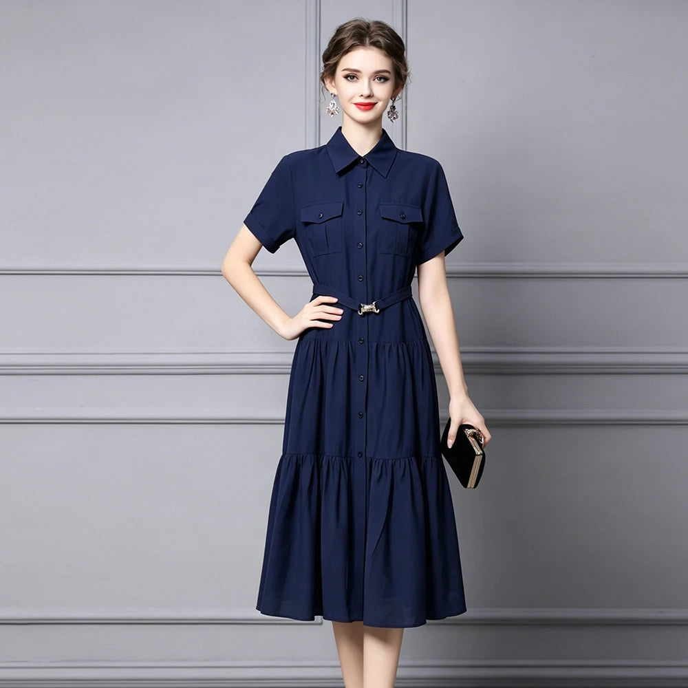 Classic Elegant Midi Dress with Waist Belt