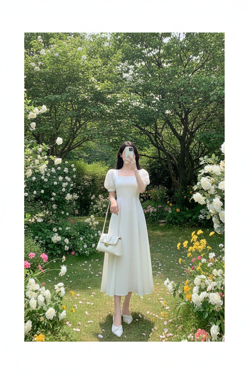 Elegant Square Neck Puff Sleeve Maxi Dress for Women
