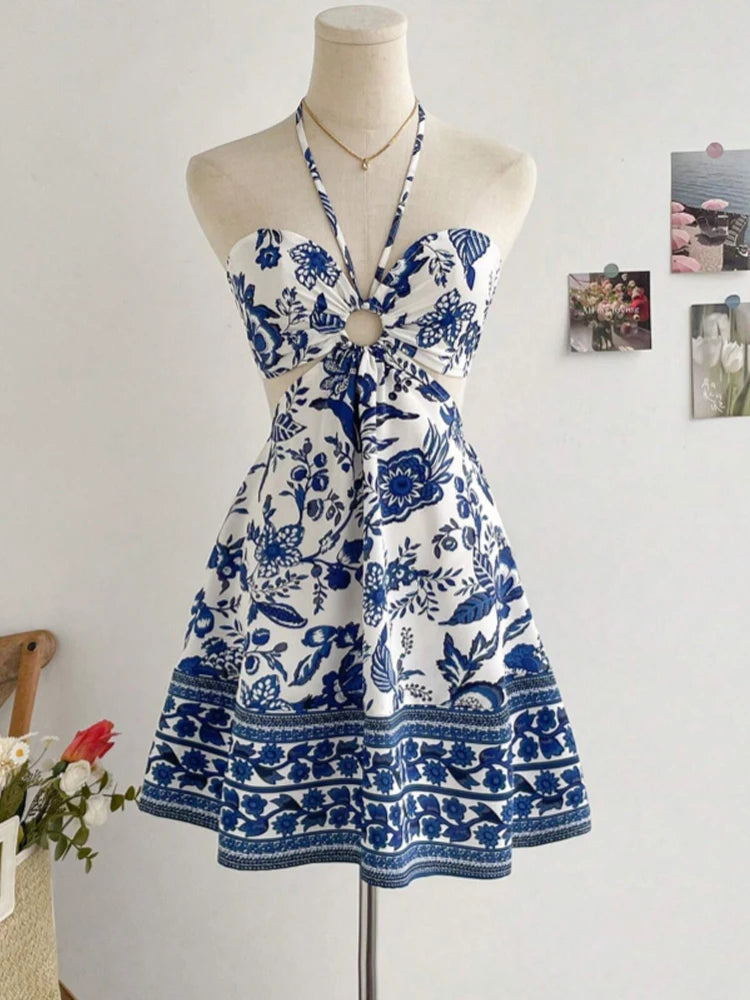 Blue Porcelain Floral Mini Dress