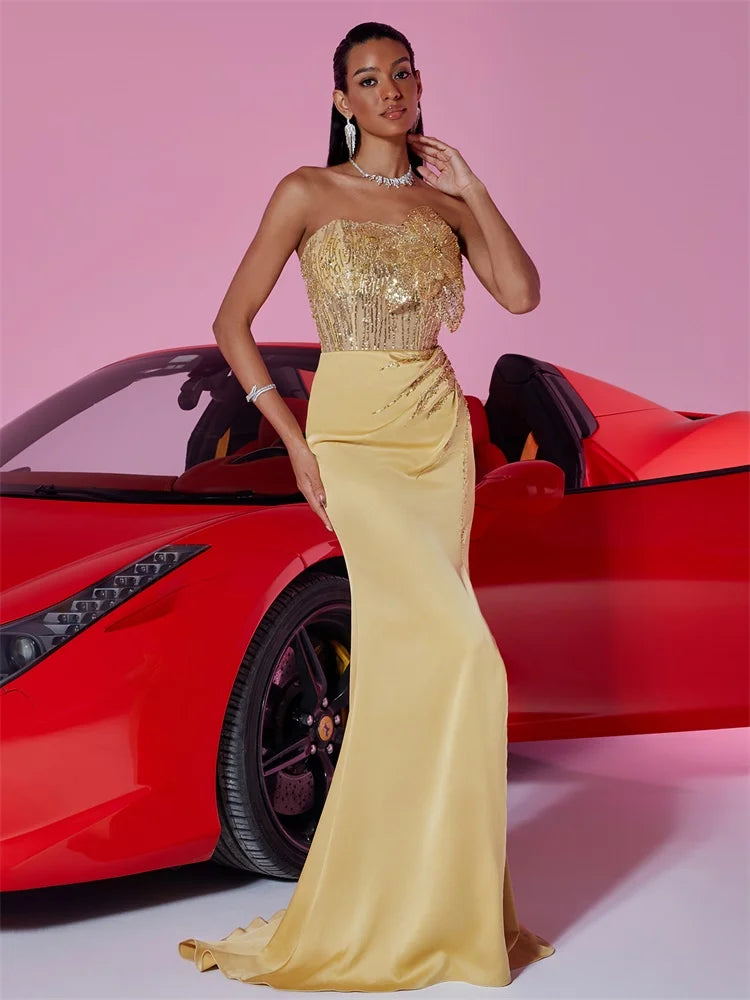Golden Glamour One-Shoulder Evening Maxi Dress