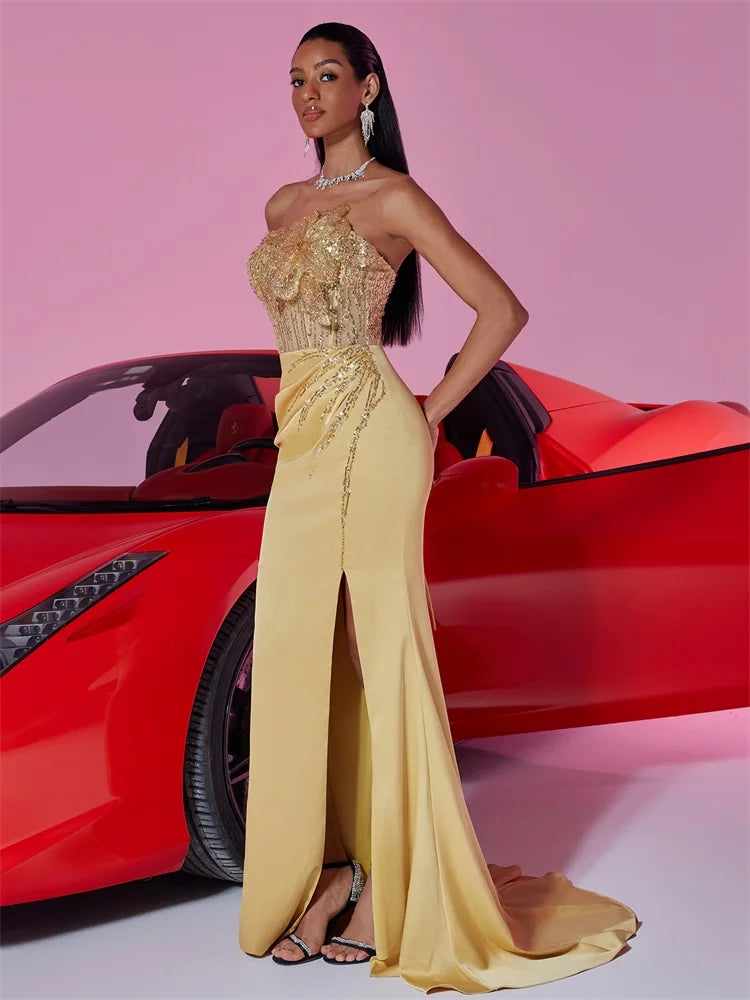 Golden Glamour One-Shoulder Evening Maxi Dress