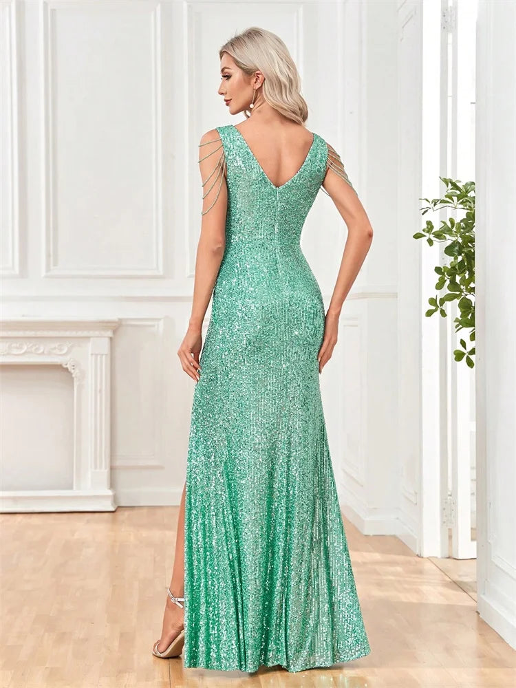 Elegant Mint Green Sequin Mermaid Evening Dress with High Slit
