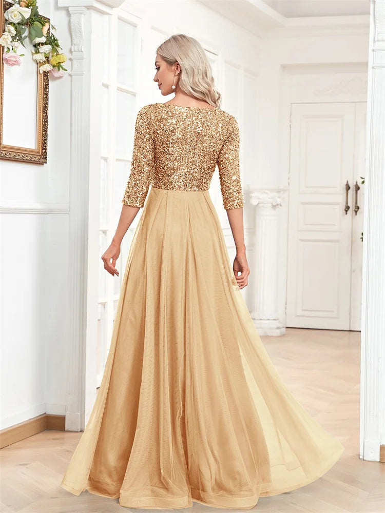 Elegant Sequin V-Neck Maxi Evening Dress