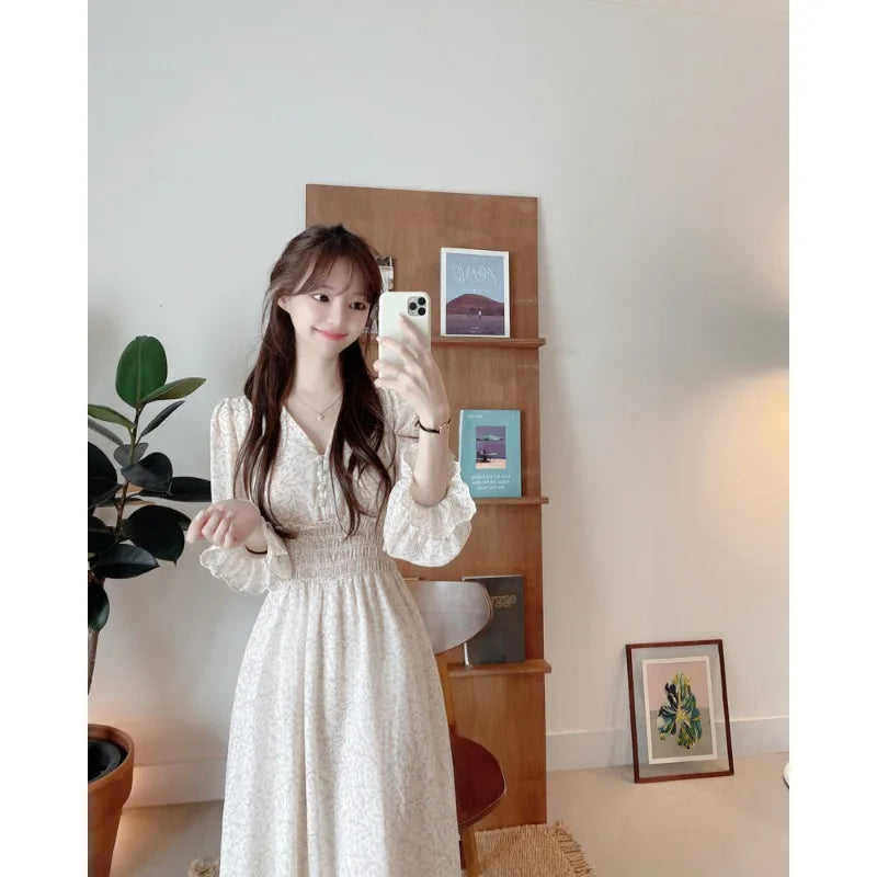 Elegant Floral Long Sleeve Maxi Dress – Korean Style