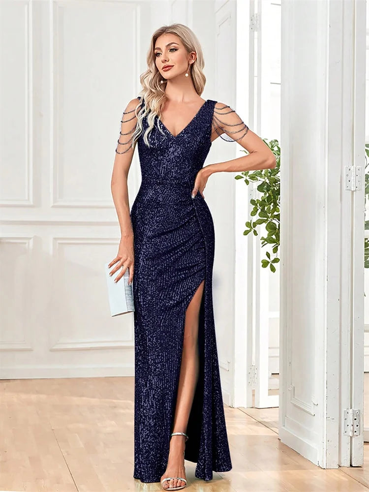 Elegant Mint Green Sequin Mermaid Evening Dress with High Slit