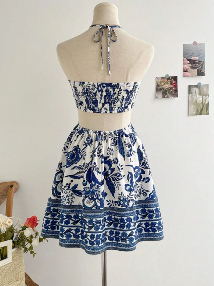 Blue Porcelain Floral Mini Dress