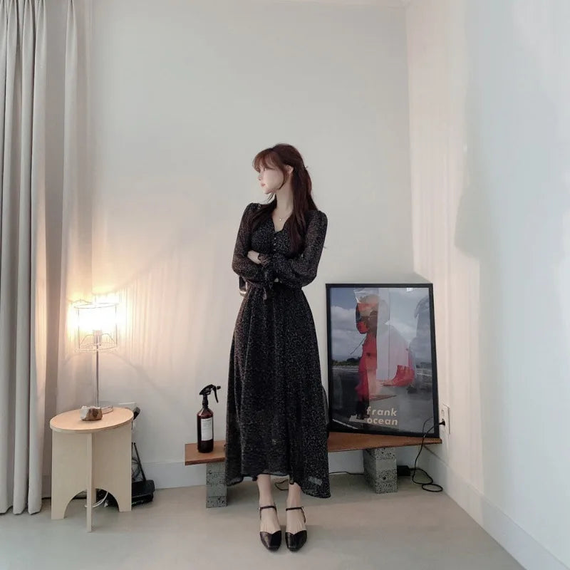 Elegant Floral Long Sleeve Maxi Dress – Korean Style