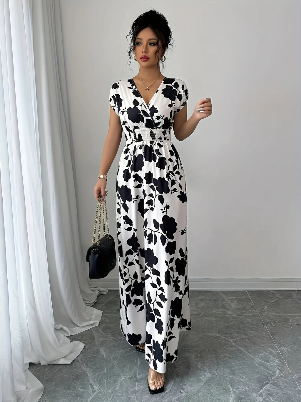 Elegant Black & White Floral V-Neck Maxi Dress