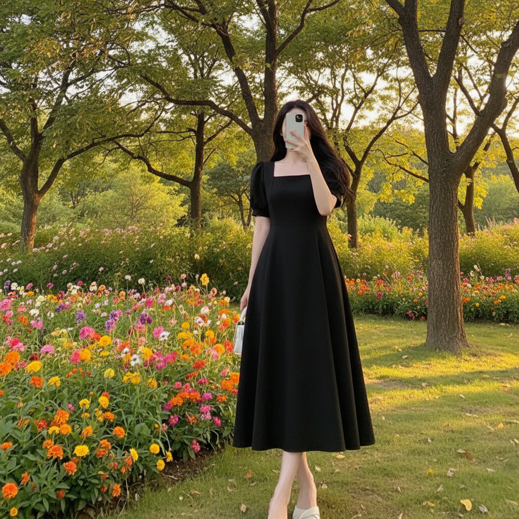 Elegant Square Neck Puff Sleeve Maxi Dress for Women
