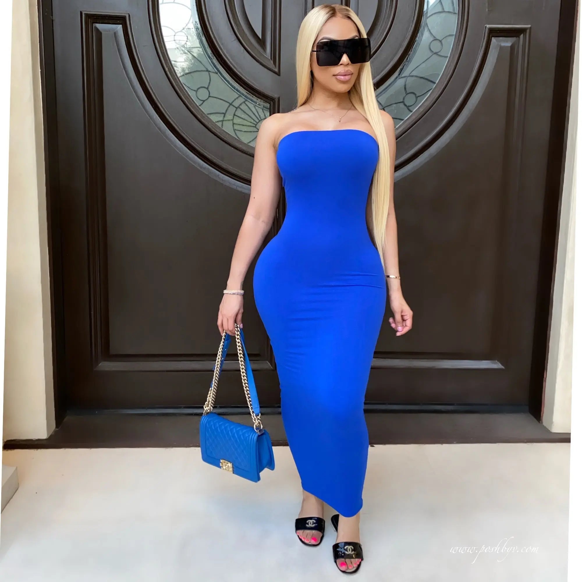 Elegant Strapless Bodycon Midi Dress