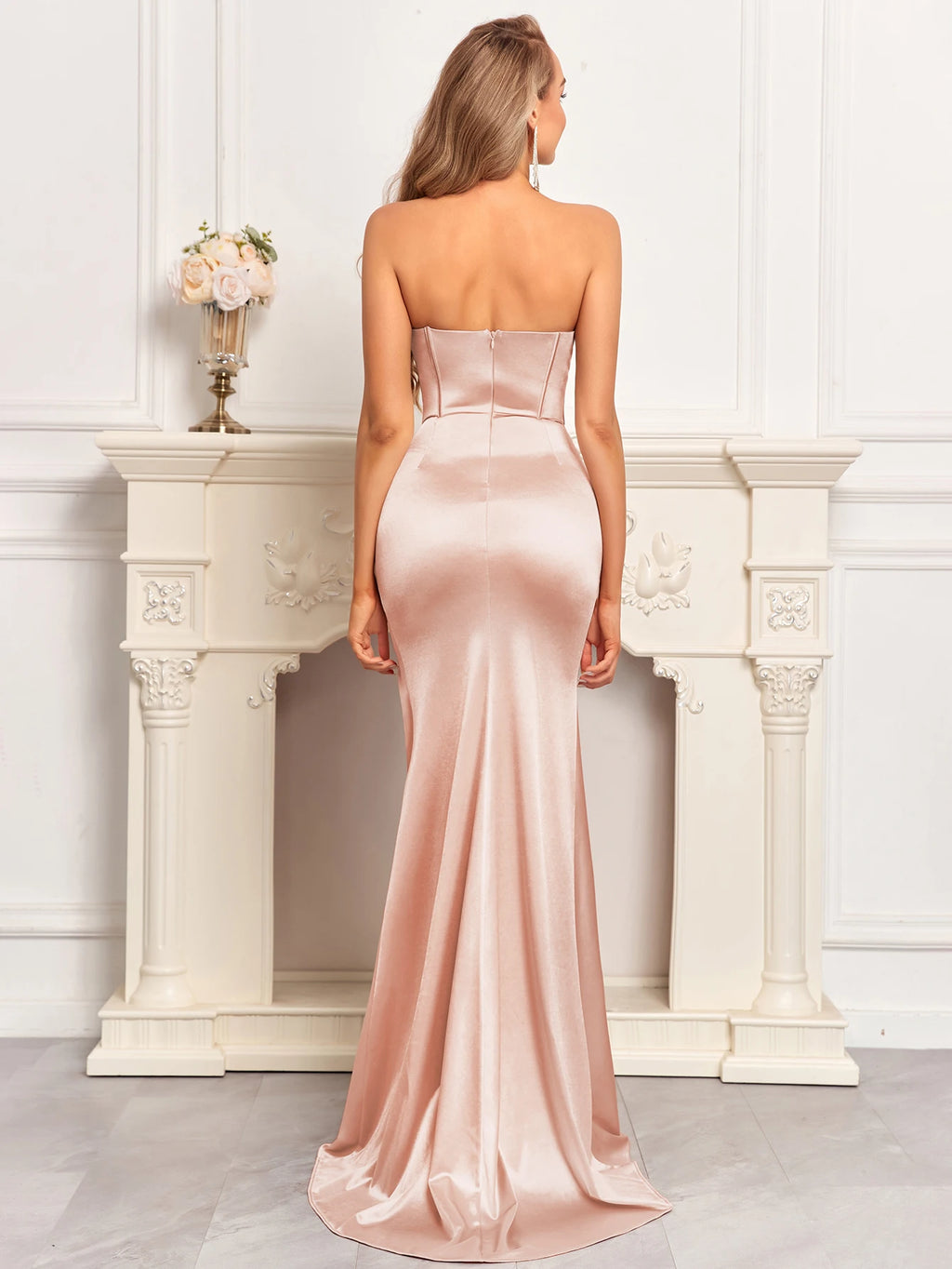 Elegant Champagne Satin Mermaid Evening Dress with High Slit