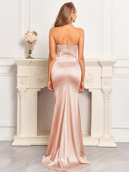 Elegant Champagne Satin Mermaid Evening Dress with High Slit