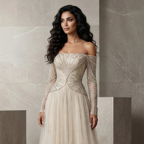 Customized Luxury Off-the-shoulder A-line Long Dresses Sparkle Evening Dress for Banquet Sequined Elegant Party Prom Dress