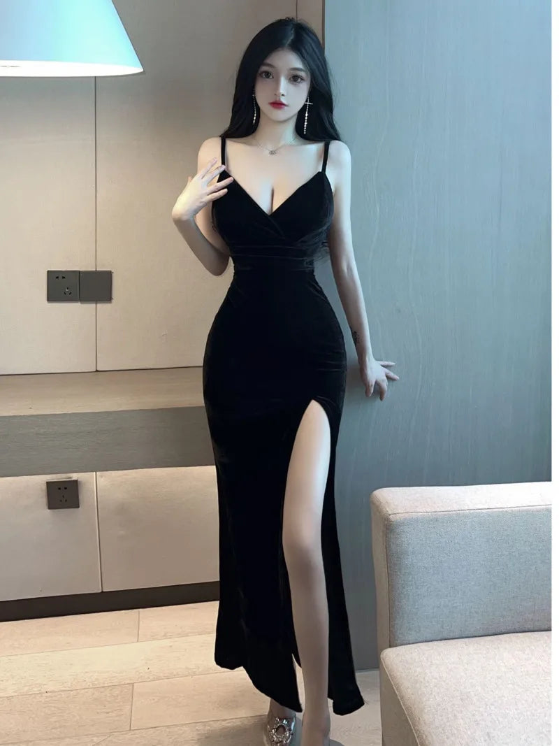 Midnight Velvet Slit Maxi Dress ✅