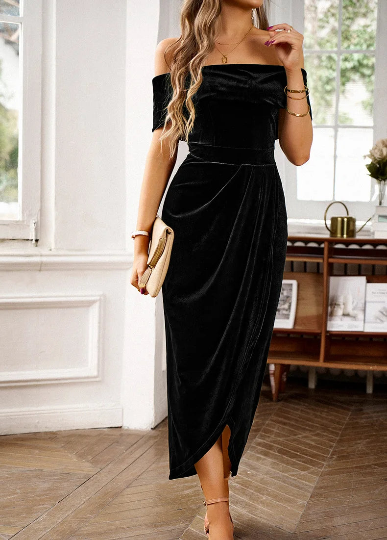 Elegant Black Velvet Off-Shoulder Midi Dress with Side Slit