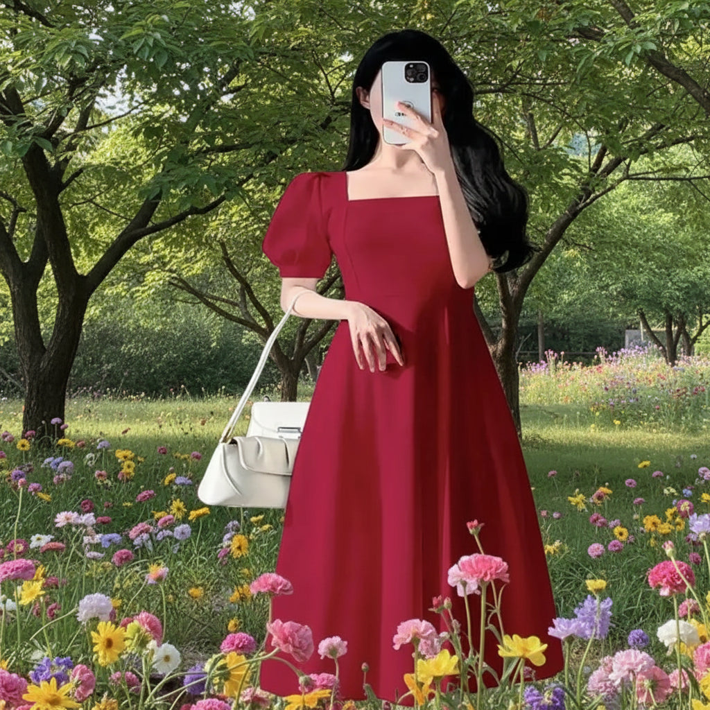 Elegant Square Neck Puff Sleeve Maxi Dress for Women