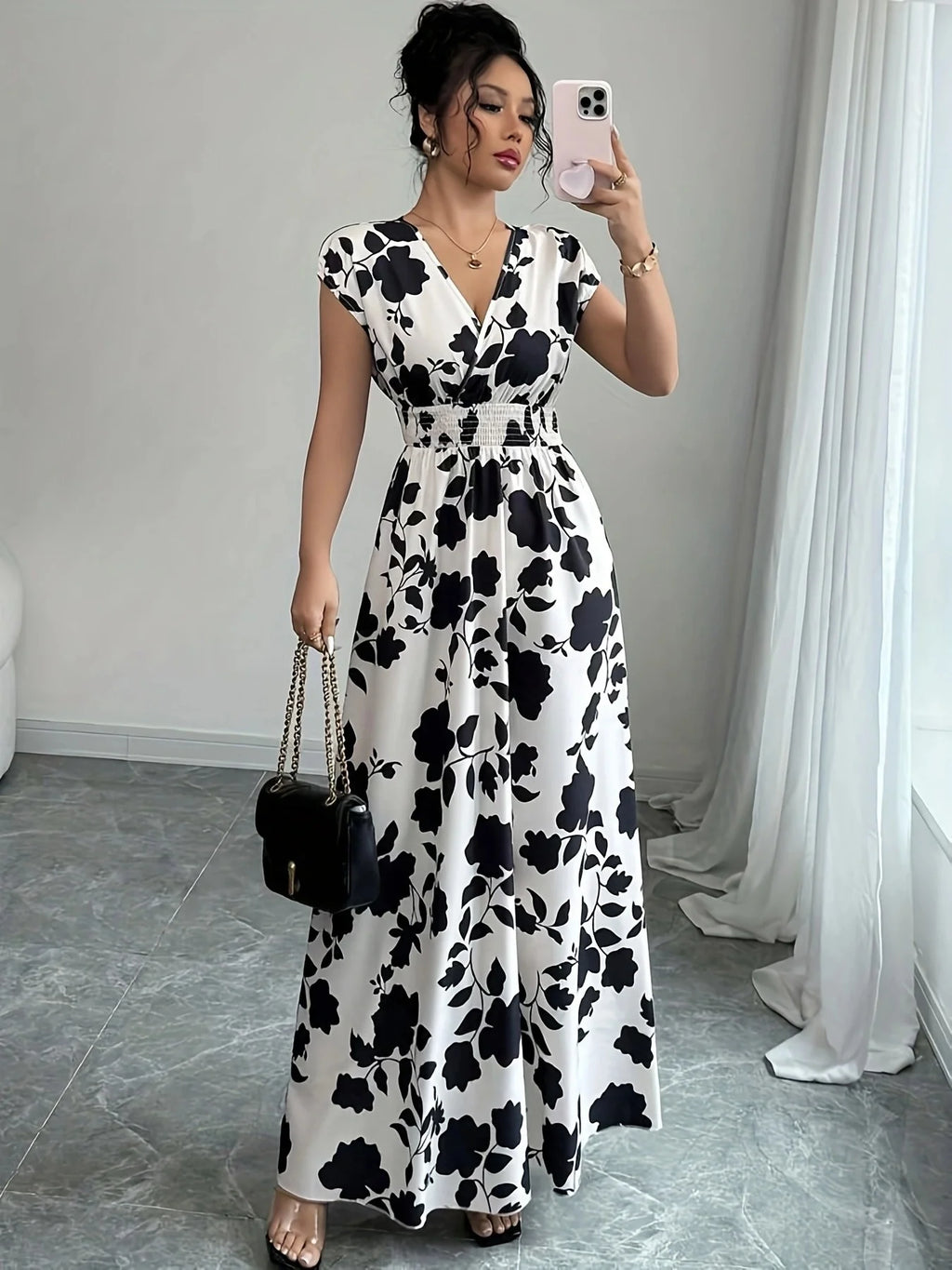 Elegant Black & White Floral V-Neck Maxi Dress