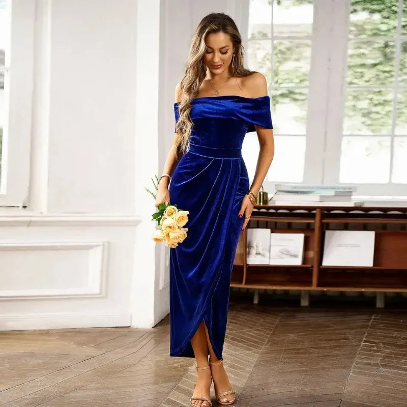 Elegant Black Velvet Off-Shoulder Midi Dress with Side Slit