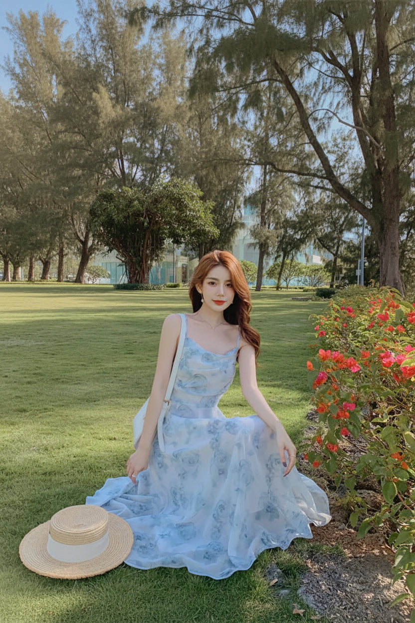Elegant Floral Chiffon Midi Dress