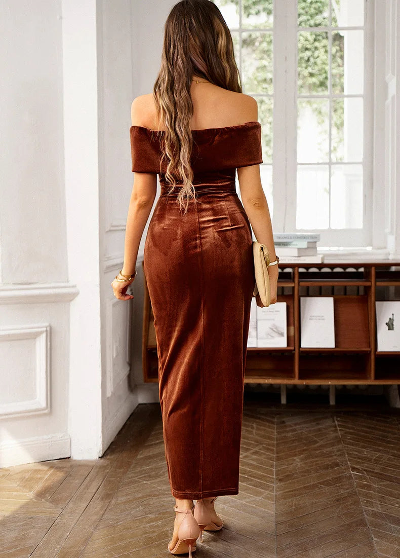 Elegant Black Velvet Off-Shoulder Midi Dress with Side Slit