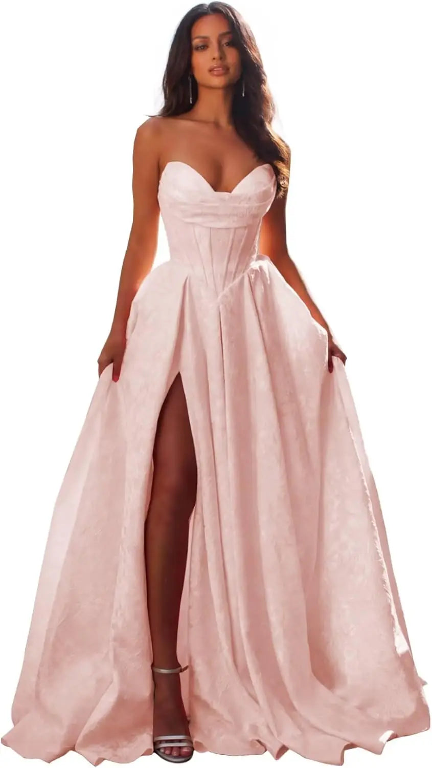 Elegant Blush Pink Satin Ball Gown with Sweetheart Neckline & High Slit