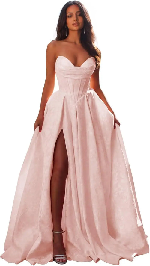 Elegant Blush Pink Satin Ball Gown with Sweetheart Neckline & High Slit