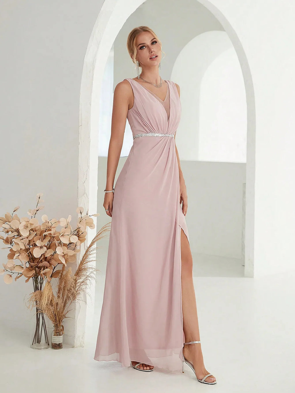 Elegant V-Neck A-Line Evening Maxi Dress for Women