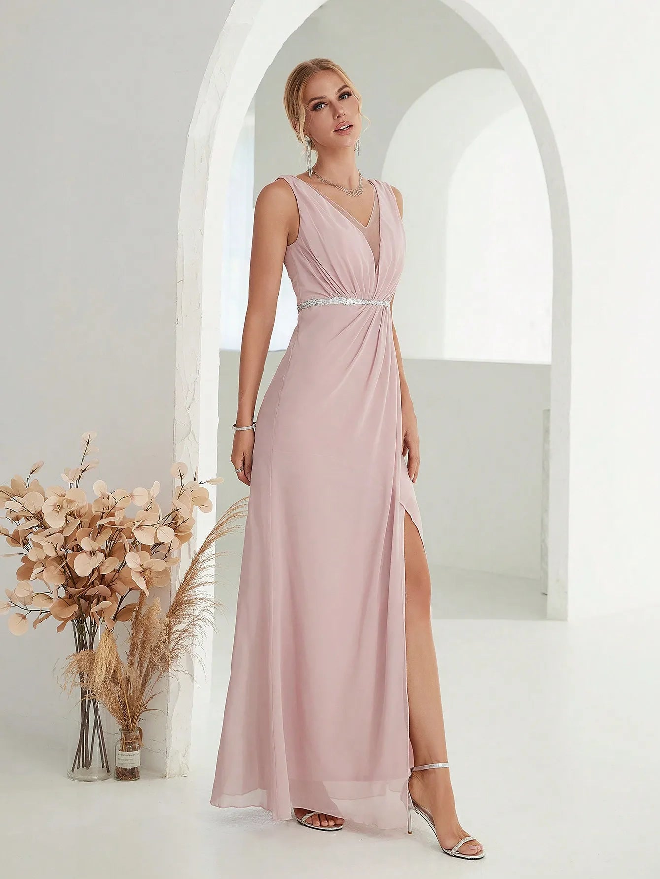 Elegant V-Neck A-Line Evening Maxi Dress for Women