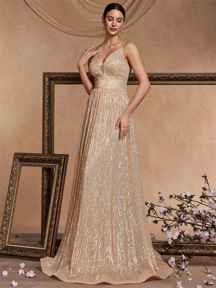 Elegant Champagne Lace Maxi Dress