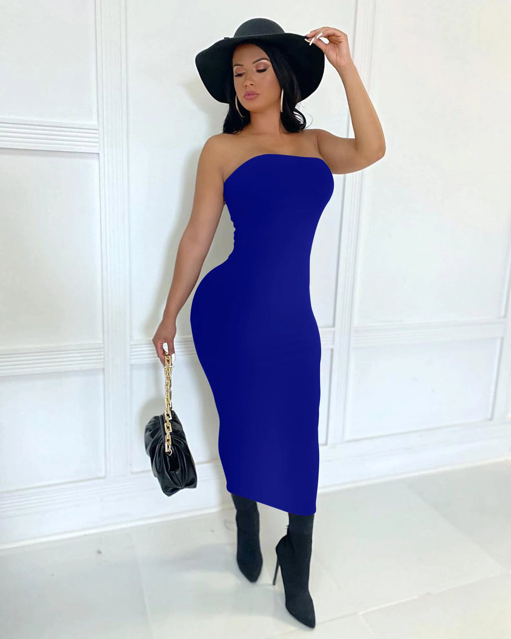 Elegant Strapless Bodycon Midi Dress