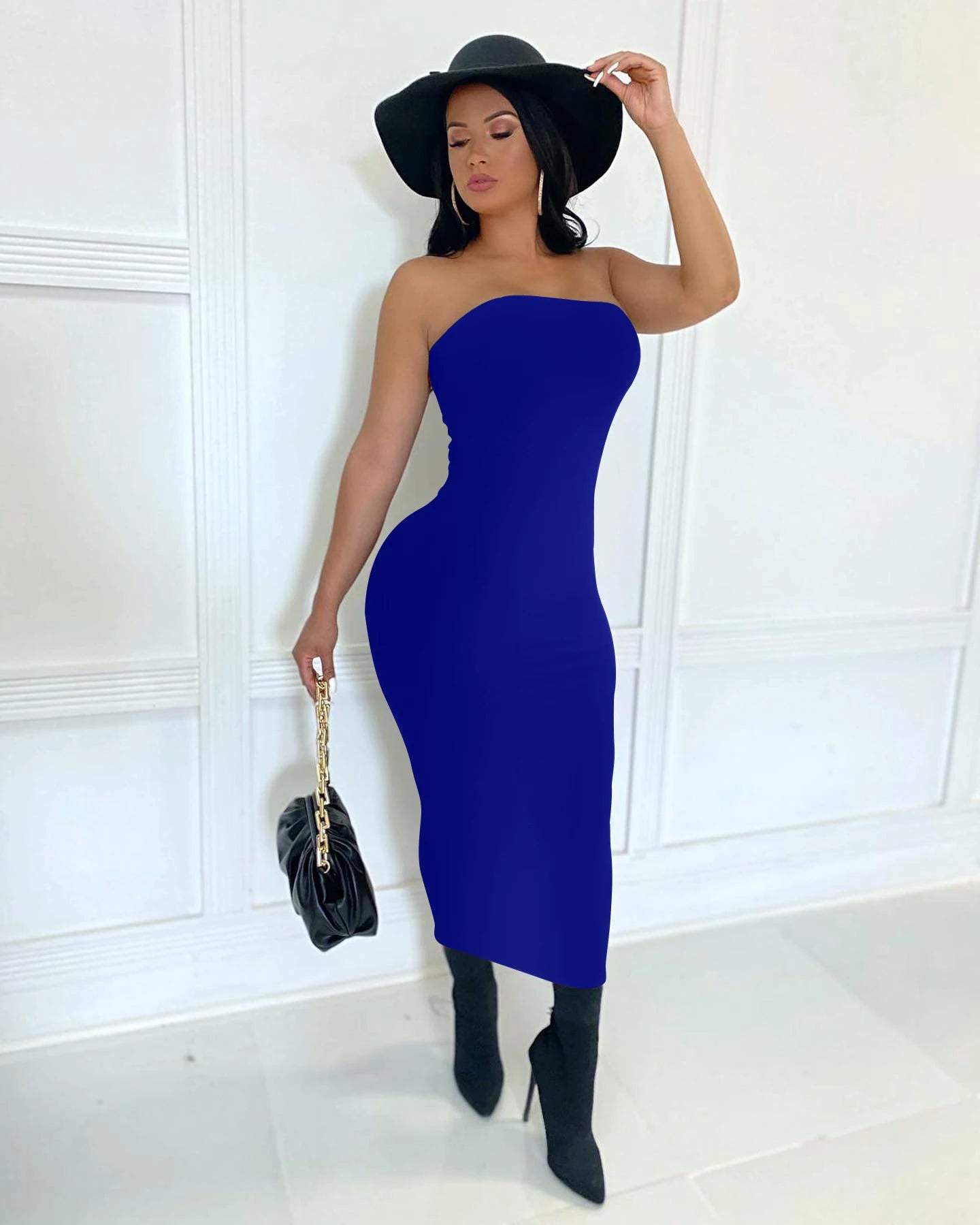 Elegant Strapless Bodycon Midi Dress