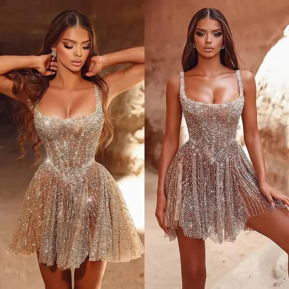 Elegant Champagne Sequin Mini Party Dress | Women's Cocktail Dress