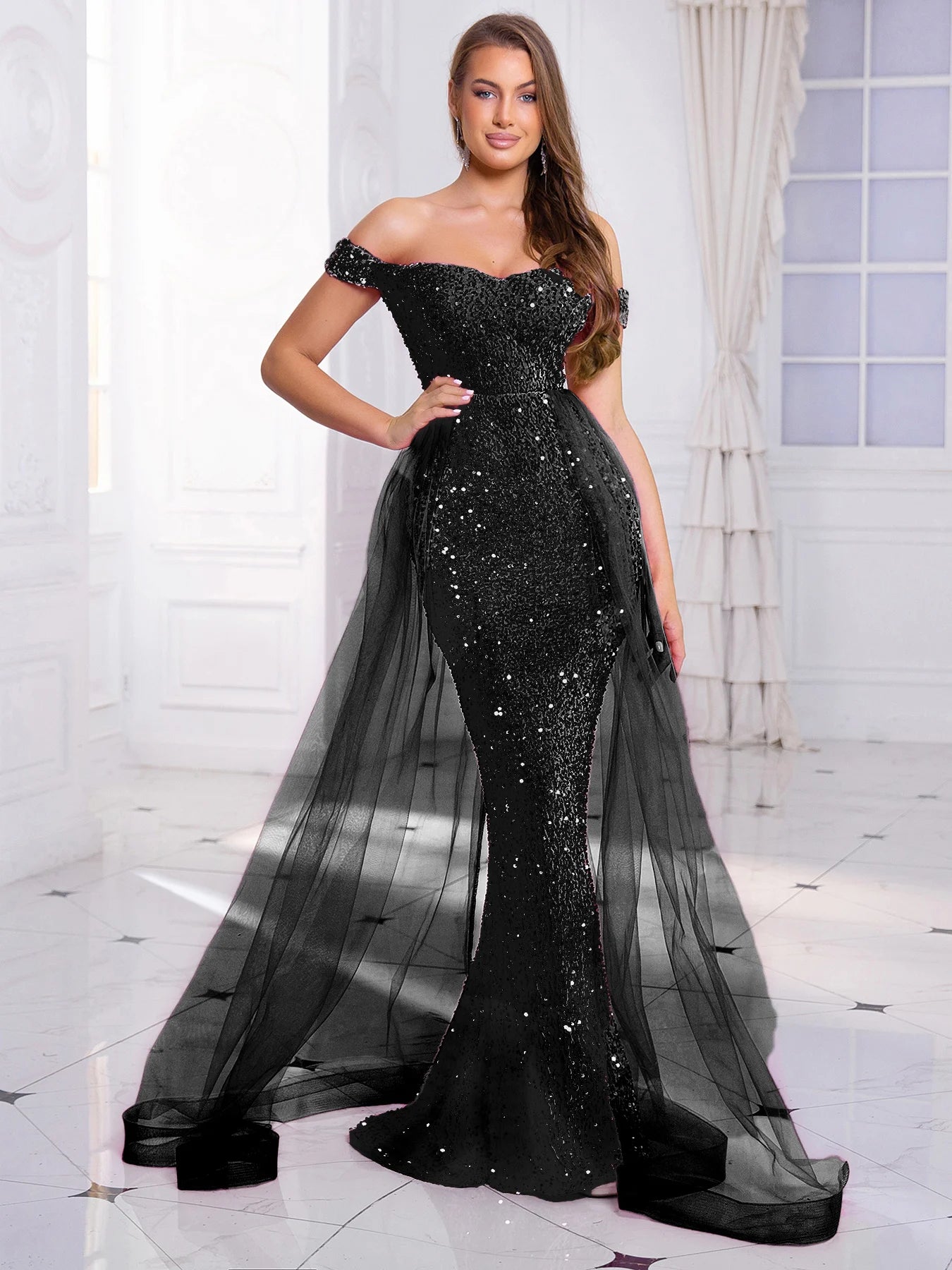 Luxury Off-Shoulder Sequin Evening Gown