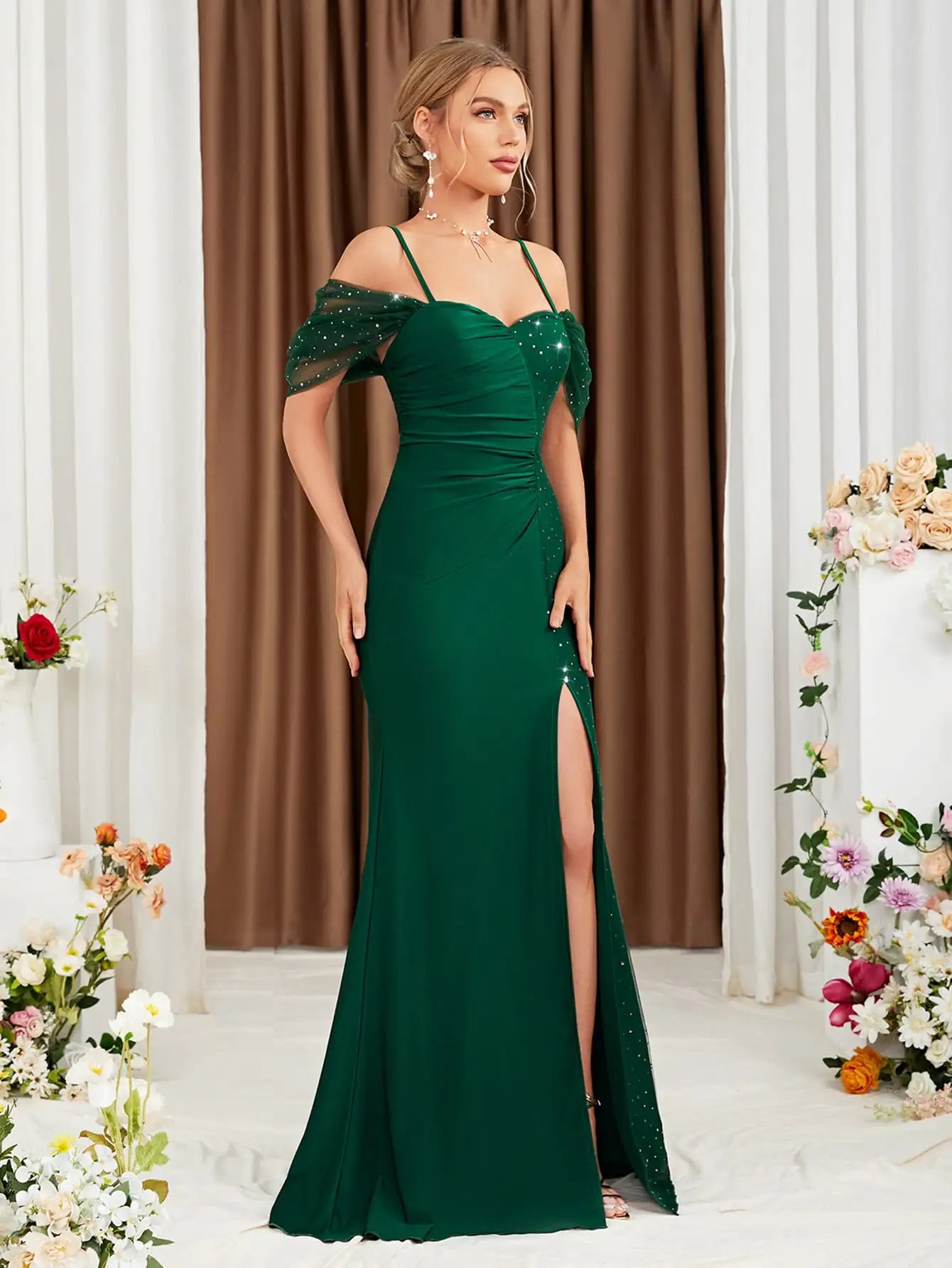 Elegant Emerald Green Off-Shoulder Mermaid Evening Dress | Luree Fashions