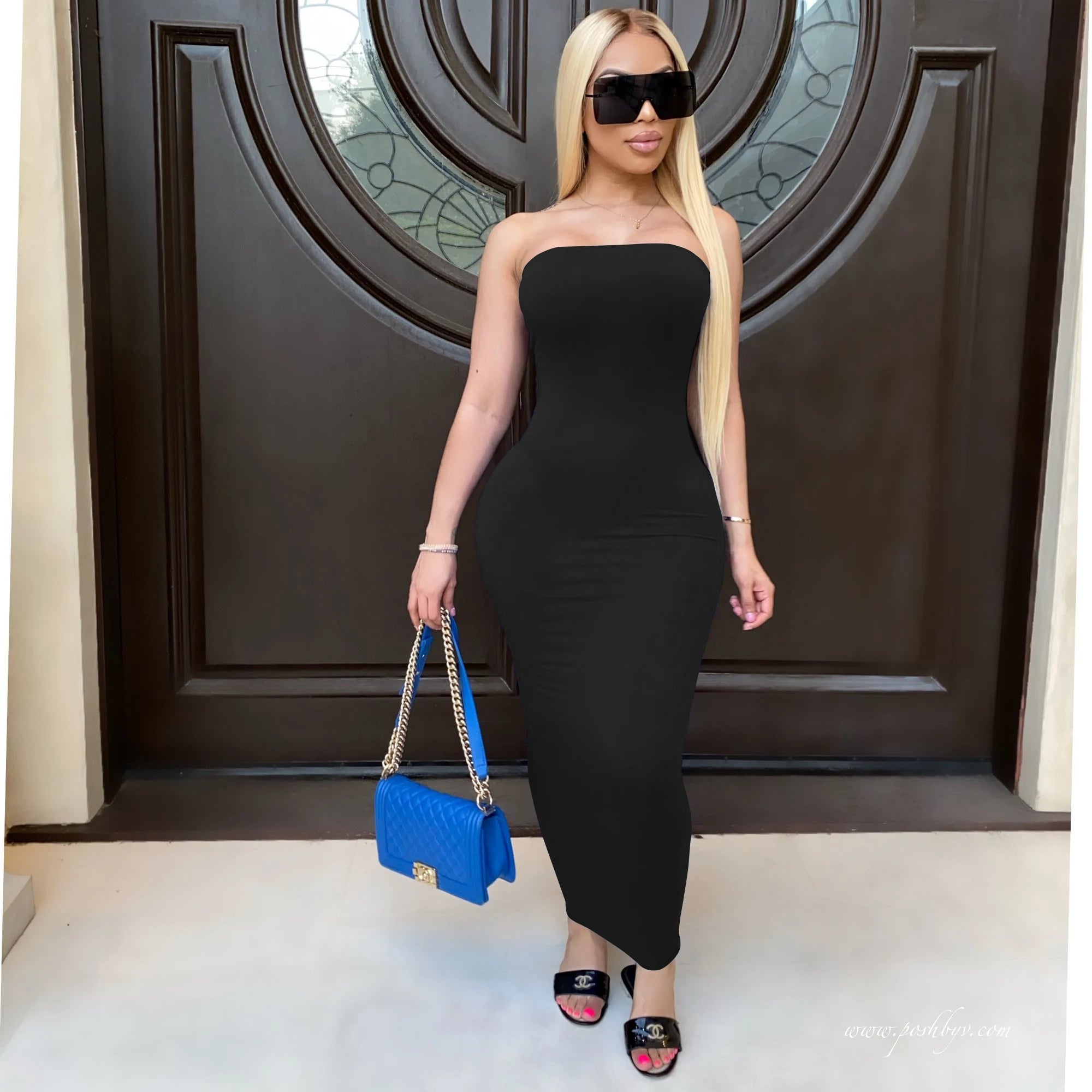 Elegant Strapless Bodycon Midi Dress